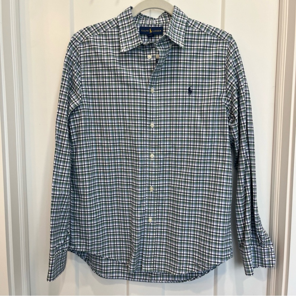 Ralph Lauren Button Down Dress Shirt 100% Cotton Size-XLarge (18-20) Blue Green‎